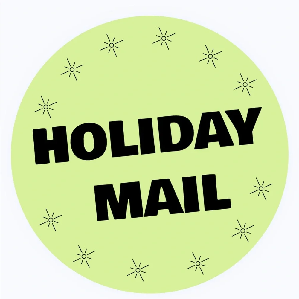 30 STICKERS - 2” ROUND - “HOLIDAY MAIL” - BRIGHT LIGHT GREEN